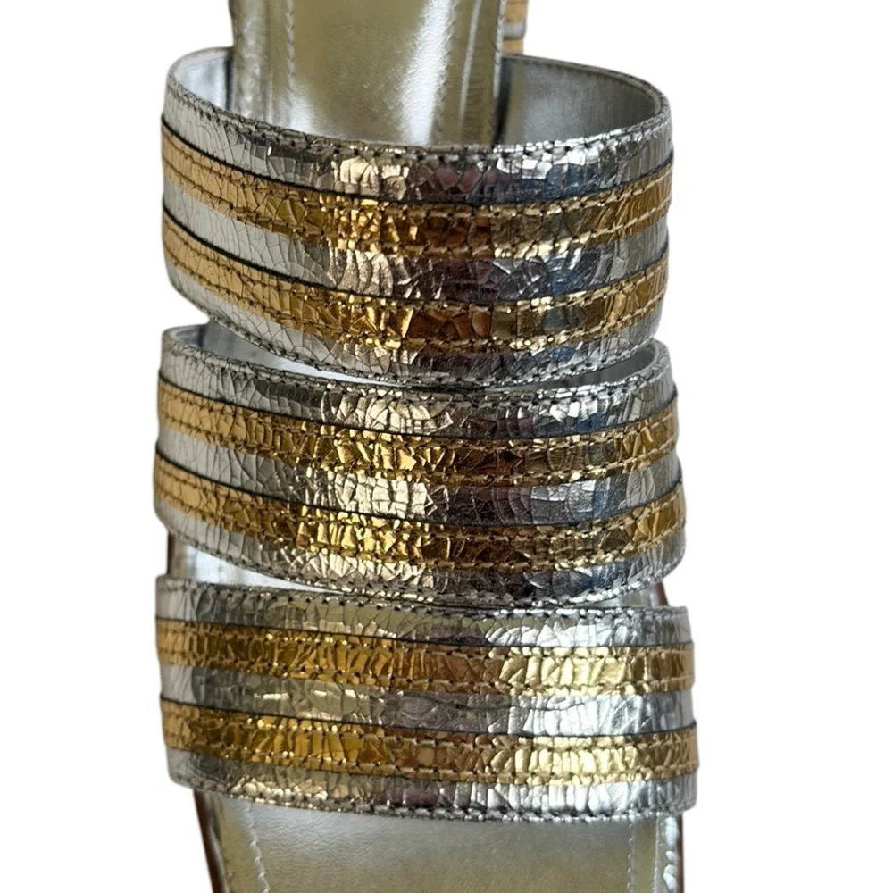 NWOT Arezzo Leather Heidi Heeled Sandals Silver Gold Size 9.5 - Picture 3 of 10